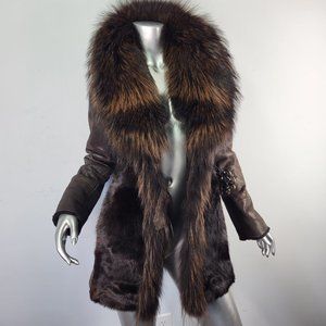 NWOT ANGELLOST~XS~BROWN GENUINE LEATHER REAL FOX FUR SHEARLING LAMBSKIN COAT